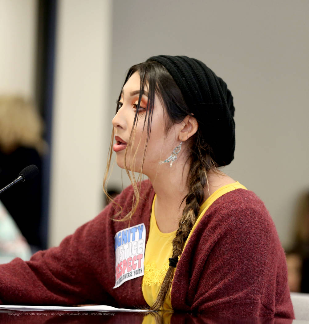 Kristina Hernandez, a transgender former CCSD student who is now homeschooled speaks during a meeting regarding transgender policies for the Clark County School District at  Nevada Department of E ...