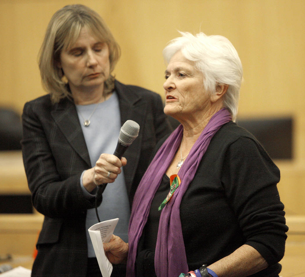 Pat Maisch, from the National Compassion Fund, a network of survivors of mass tragedies, speaks to those in attendance and the Las Vegas Victims Fund committee at the Clark County Government Cente ...