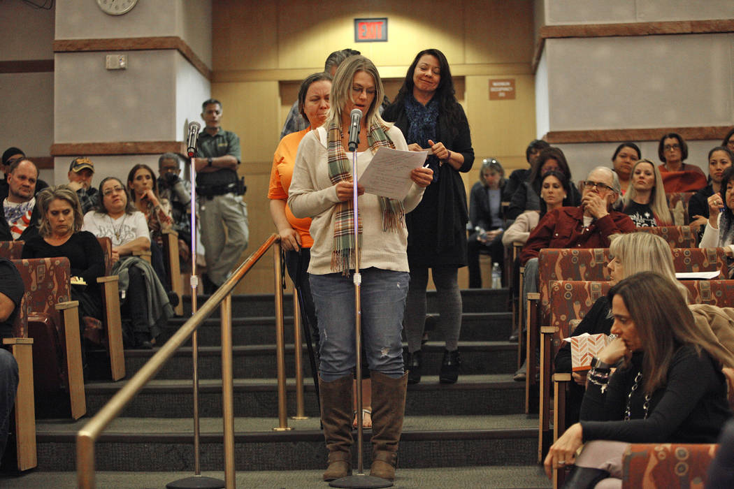 Shawna Bartlett speaks to the Las Vegas Victims Fund committee at the Clark County Government Center in Las Vegas, Tuesday, Nov. 28, 2017. It was the second town hall that day so the committee cou ...