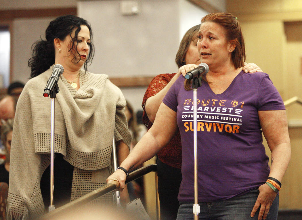 Heather Gooze, a Route 91 survivor, speaks to the Las Vegas Victims Fund committee at the Clark County Government Center in Las Vegas, Tuesday, Nov. 28, 2017. She does not currently qualify to re ...