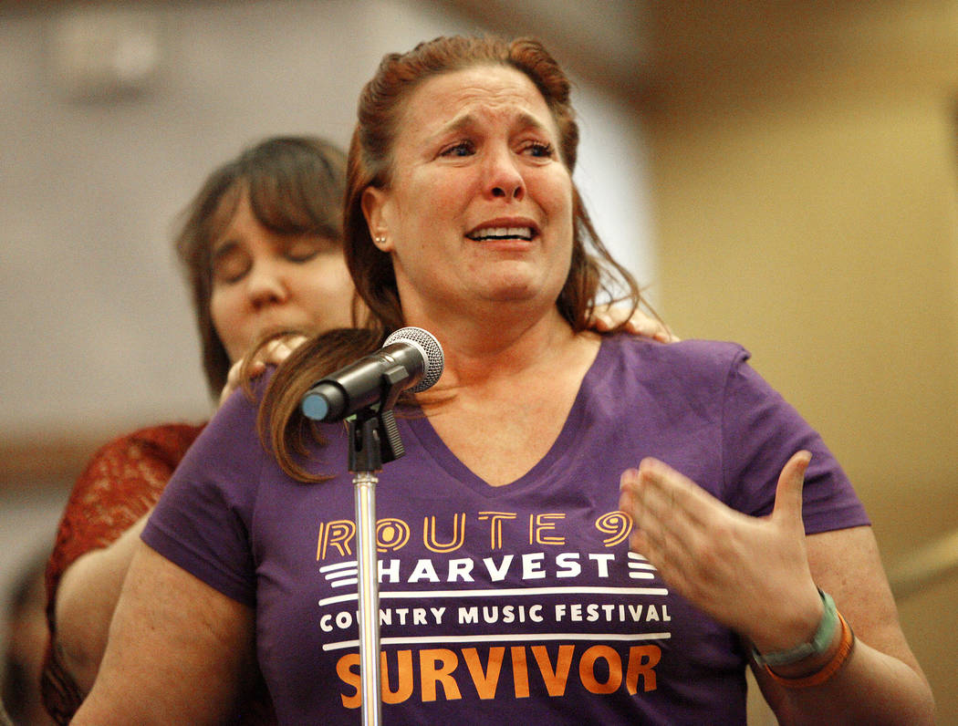Heather Gooze, a Route 91 survivor, speaks to the Las Vegas Victims Fund committee at the Clark County Government Center in Las Vegas, Tuesday, Nov. 28, 2017. She does not currently qualify to re ...