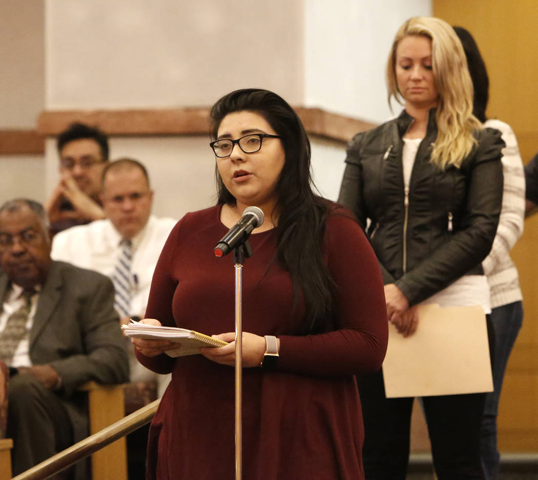 Kimberly King, survivor of the Oct. 1 Las Vegas shooting, speaks before the Las Vegas Victims Fund committee Tuesday, Nov. 28, 2017, in Las Vegas. The Las Vegas Victims Fund committee held a town ...