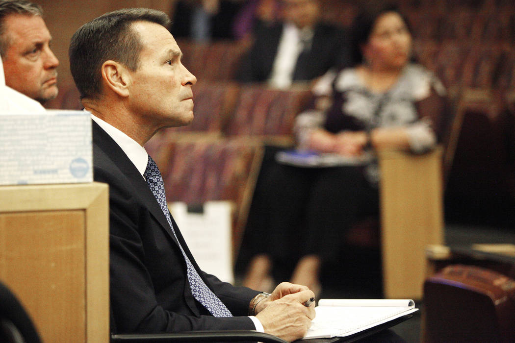 Scott Nielson, chairman of the Las Vegas Victims Fund committee, listens to survivors at the Clark County Government Center in Las Vegas, Tuesday, Nov. 28, 2017. Rachel Aston Las Vegas Review-Jour ...