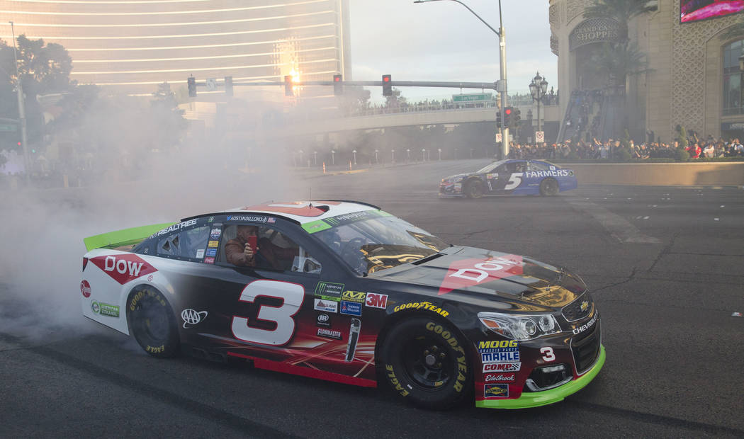 Race car driver Austin Dillon (3) burns out on the Vegas Strip during NASCAR's Victory Lap on Wednesday, Nov. 29, 2017. Richard Brian Las Vegas Review-Journal @vegasphotograph