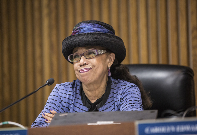 Trustee Linda Young listens to input from the public on Thursday, Jan. 26, 2017, at the Edward Greer Education Center, in Las Vegas. (Benjamin Hager/Las Vegas Review-Journal) @benjaminhphoto