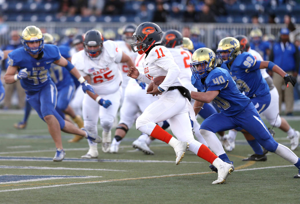 Bishop Gorman’s Micah Bowens runs against Reed in the NIAA 4A state championship football game in Reno, Nev., on Saturday, Dec. 2, 2017. Gorman won the title 48-7. Cathleen Allison/Las Vega ...