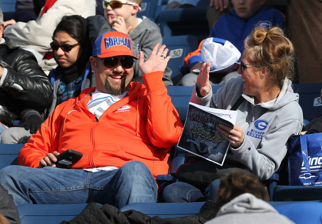 Bishop Gorman fans wait for the start of the NIAA state championship football game against Reed in Reno, Nev., on Saturday, Dec. 2, 2017. Gorman defeated Reed 48-7 for their ninth straight state t ...