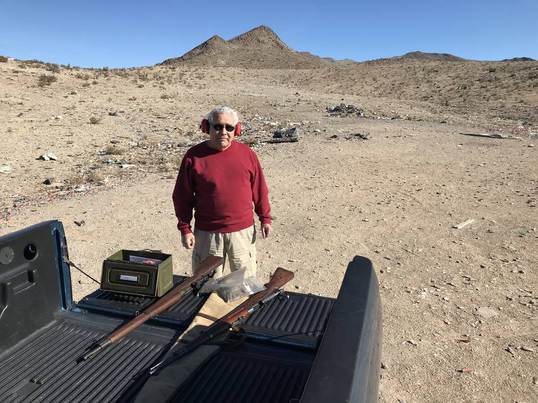 Las Vegas resident John Hoge with his rifles after taking target practice at a popular shooting area off South Las Vegas Boulevard Tuesday, Nov. 27, 2017. Hoge was one of the few people who was fo ...