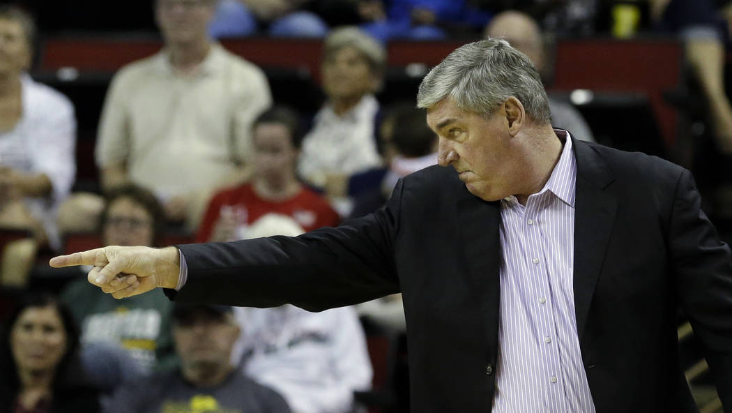 New York Liberty head coach Bill Laimbeer directs his team against the Seattle Storm in the first half of a WNBA basketball game Thursday, July 6, 2017, in Seattle. (AP Photo/Elaine Thompson)