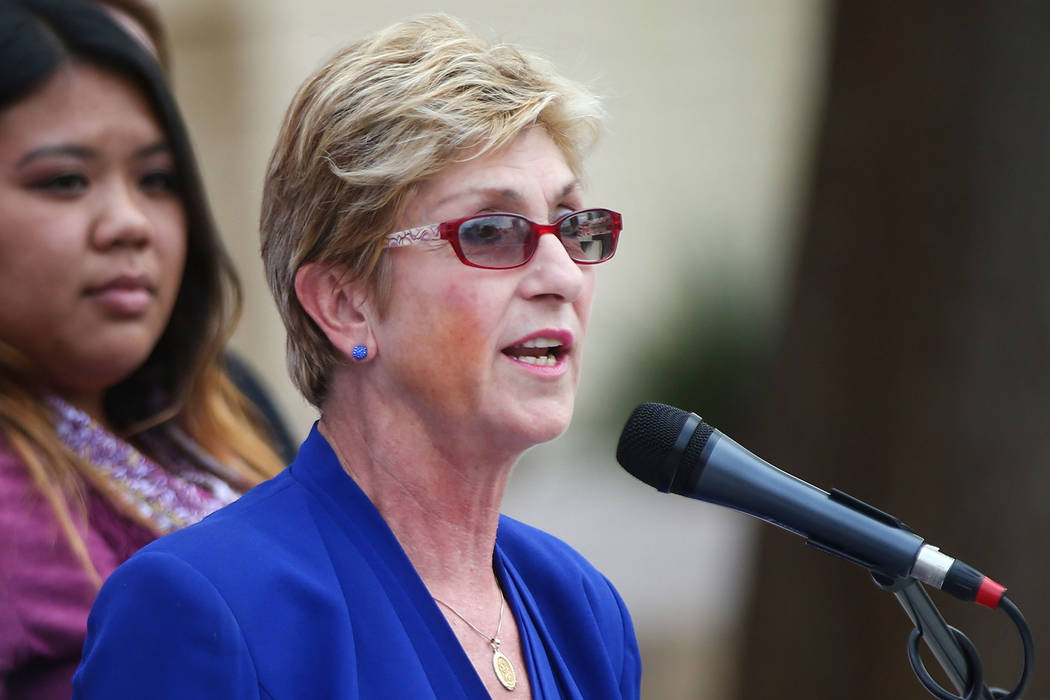 In this Oct. 18, 2017, file photo, Clark County Commissioner Chris Giunchigliani speaks outside of Las Vegas Academy in downtown Las Vegas. Chase Stevens Las Vegas Review-Journal @csstevensphoto