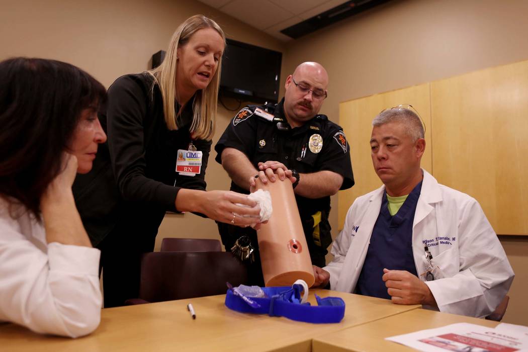 St. Rose Dominican Hospital and Henderson officials are trained how to stop severe bleeding by University Medical Center personnel at St. Rose Dominican Hospital Siena Campus, Monday, Nov. 27, 201 ...