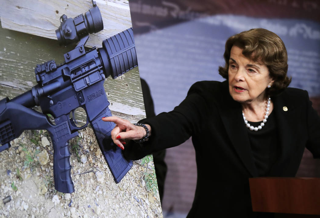 FILE - In this Wednesday, Oct. 4, 2017, file photo, Sen. Dianne Feinstein, D-Calif., speaks during a news conference about gun legislation on Capitol Hill in Washington. Seeking momentum for gun r ...