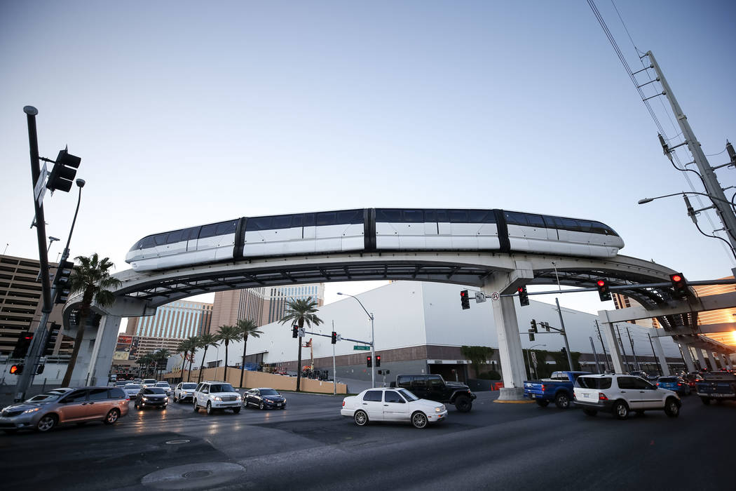 The Las Vegas Monorail turns from Krueger Drive onto Koval Lane on Thursday, Dec. 14, 2017. Richard Brian Las Vegas Review-Journal @vegasphotograph