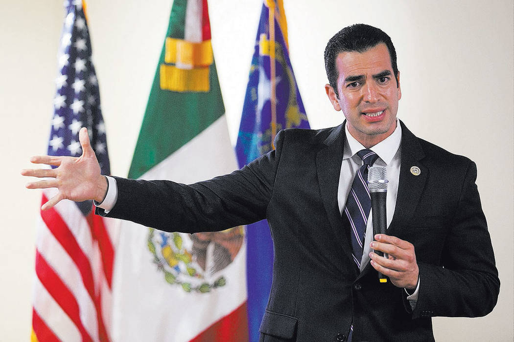 Rep. Ruben Kihuen, D-Nev., speaks during a Deferred Action for Childhood Arrivals (DACA) anniversary event at the Consulate of Mexico in Las Vegas on Tuesday, Aug. 15, 2017. Bridget Bennett L ...