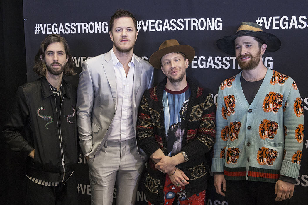 Imagine Dragons Wayne Sermon, Dan Reynolds, Ben McKee and Daniel Platzman on the red carpet before the start of the Vegas Strong Benefit Concert at T-Mobile Arena on Friday, Dec. 1, 2017, in Las V ...