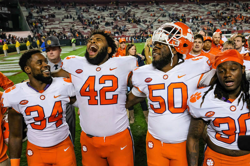 Nov 25, 2017; Columbia, SC, USA; Clemson Tigers celebrate their victory over South Carolina Gamecocks at Williams-Brice Stadium. Mandatory Credit: Jim Dedmon-USA TODAY Sports