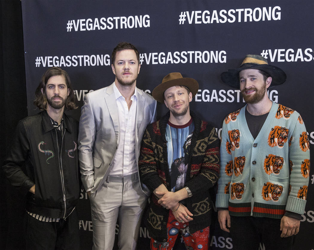 Imagine Dragons Wayne Sermon, Dan Reynolds, Ben McKee and Daniel Platzman on the red carpet before the start of the Vegas Strong Benefit Concert at T-Mobile Arena on Friday, Dec. 1, 2017, in Las V ...