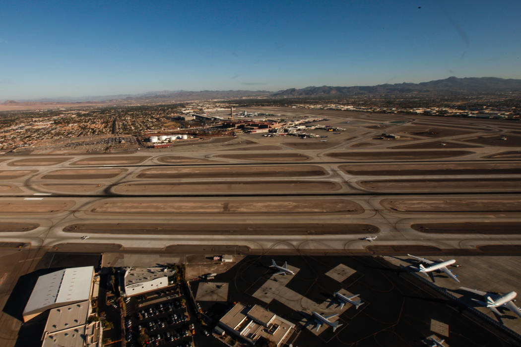 A view of McCarran International Airport as seen from inside a helicopter piloted by Joe Munoz, 41, of Maverick Helicopters, in Las Vegas, Friday, Dec. 1, 2017. Joel Angel Juarez Las Vegas Review- ...