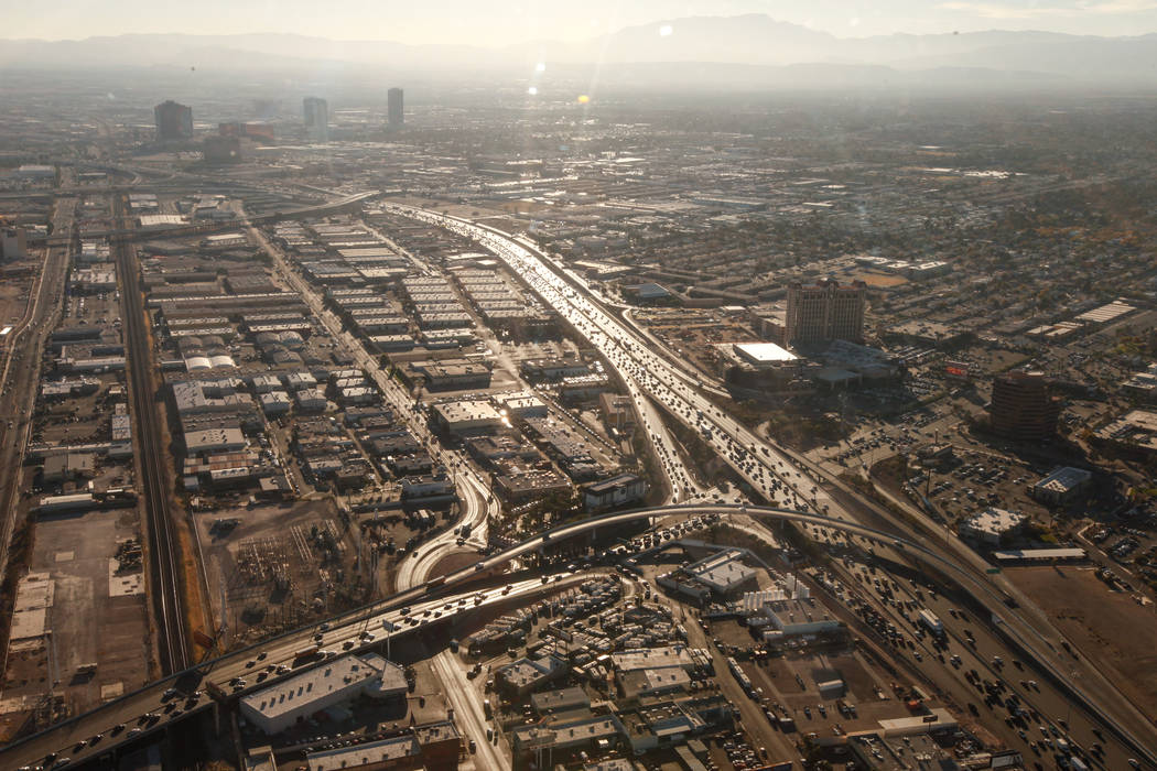 A view of traffic along Interstate 15 and State Route 589 as seen from inside a helicopter piloted by Joe Munoz, 41, of Maverick Helicopters, in Las Vegas, Friday, Dec. 1, 2017. Joel Angel Juarez ...
