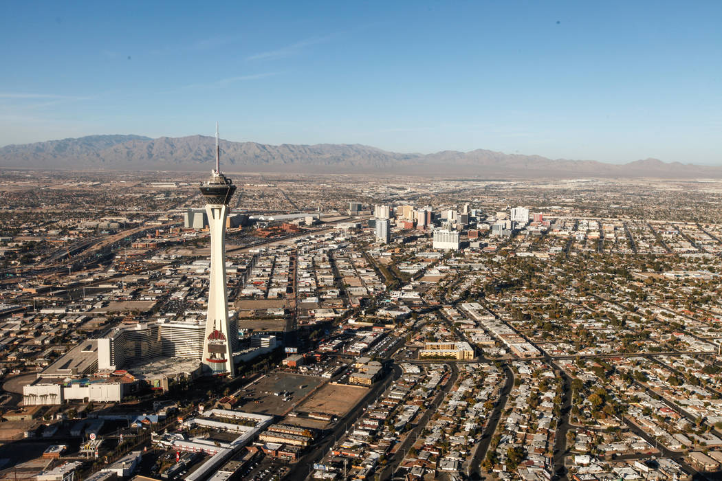 A view of the Stratosphere as seen from inside a helicopter piloted by Joe Munoz, 41, of Maverick Helicopters, in Las Vegas, Friday, Dec. 1, 2017. Joel Angel Juarez Las Vegas Review-Journal @jajua ...