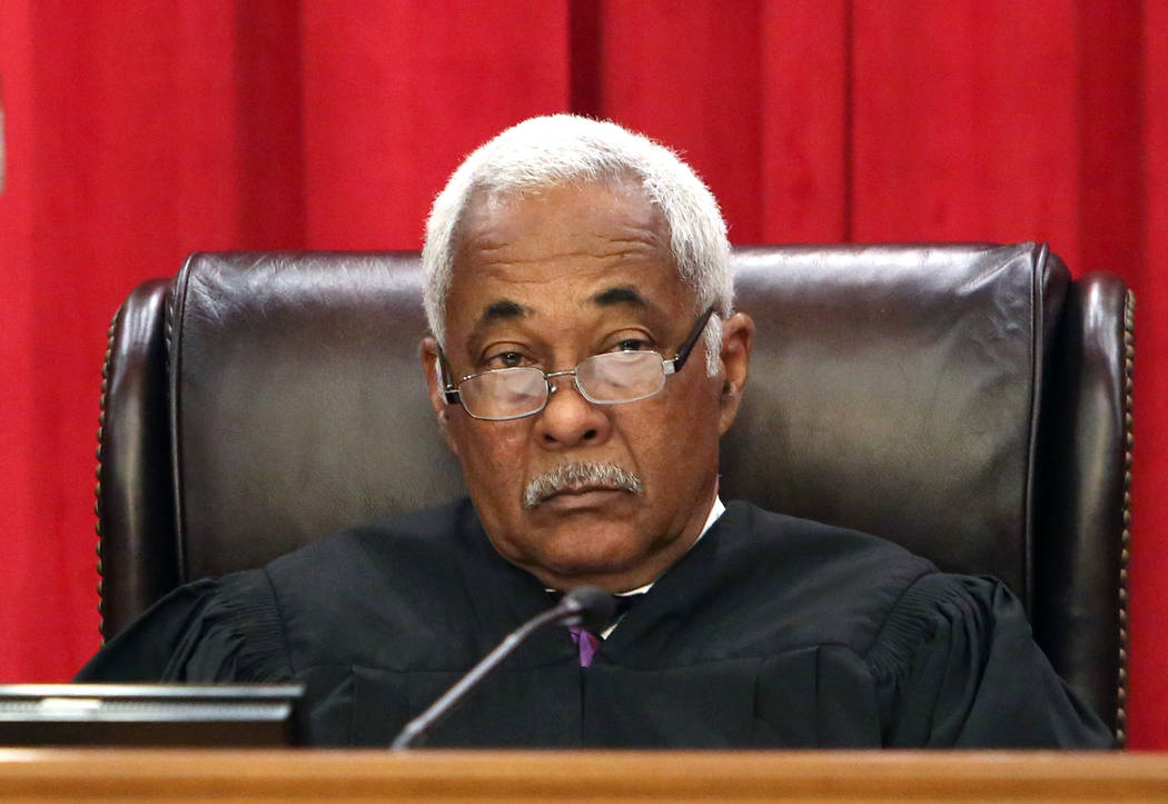 Justice Michael Douglas hears arguments in the new Nevada Supreme Court building on Monday, April 3, 2017, in Las Vegas. (Bizuayehu Tesfaye/Las Vegas Review-Journal) @bizutesfaye