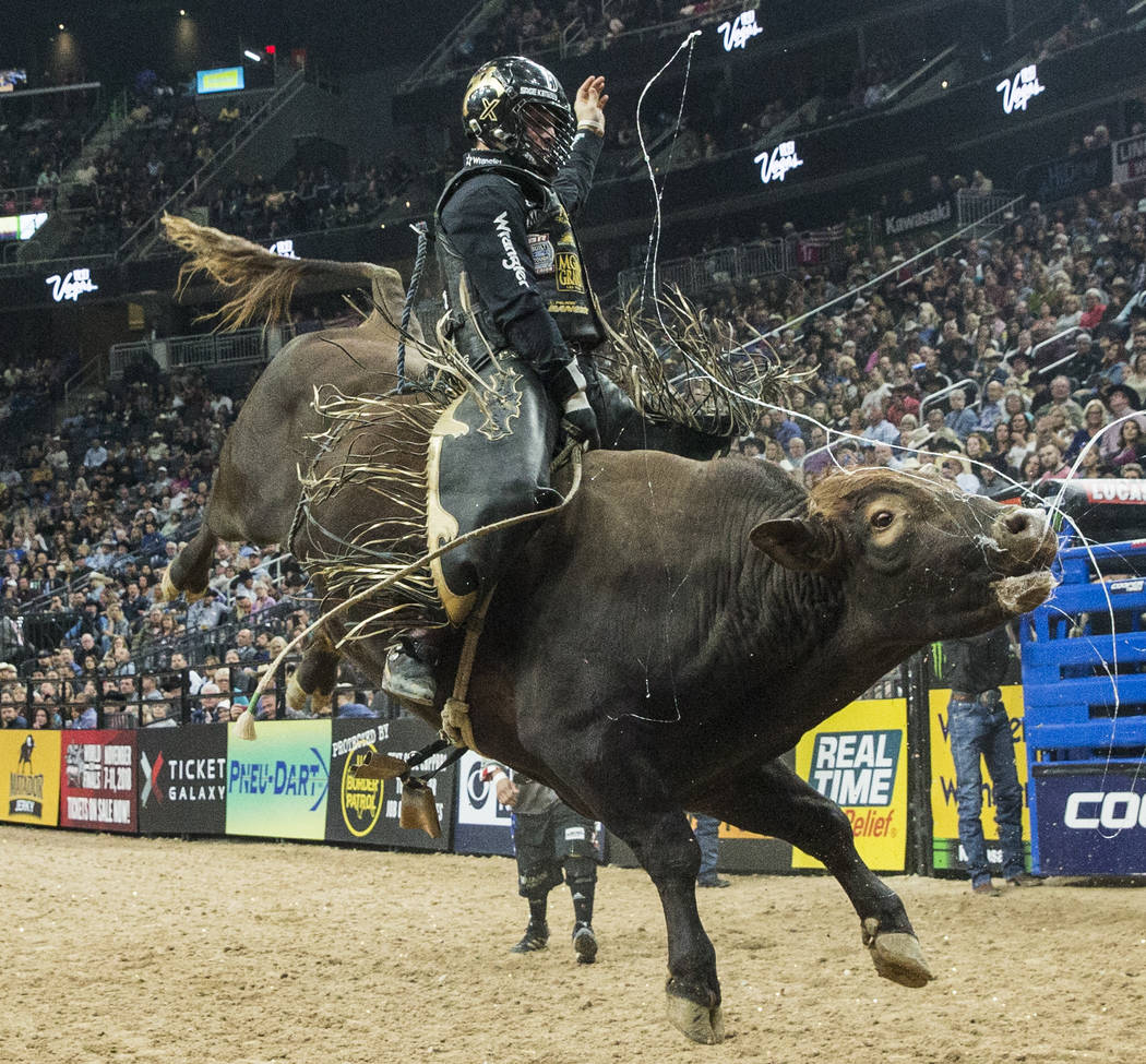 Sage Kimzey rides Up and In during the Professional Bull Riders World Finals on Saturday, Nov. 4, 2017, at T-Mobile Arena, in Las Vegas. Benjamin Hager Las Vegas Review-Journal @benjaminhphoto