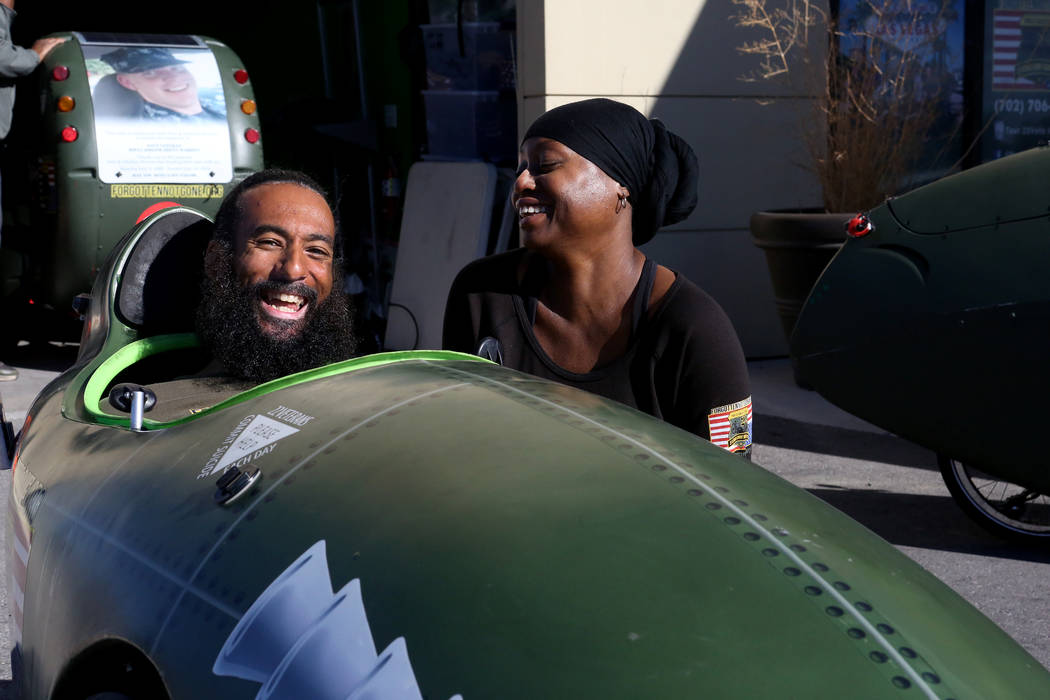 Veteran married couple Peter, left, and Kelley Guidry outside their Las Vegas living/office space on Wednesday, Dec. 5, 2017, where they operate Forgotten Not Gone, a nonprofit organization that a ...