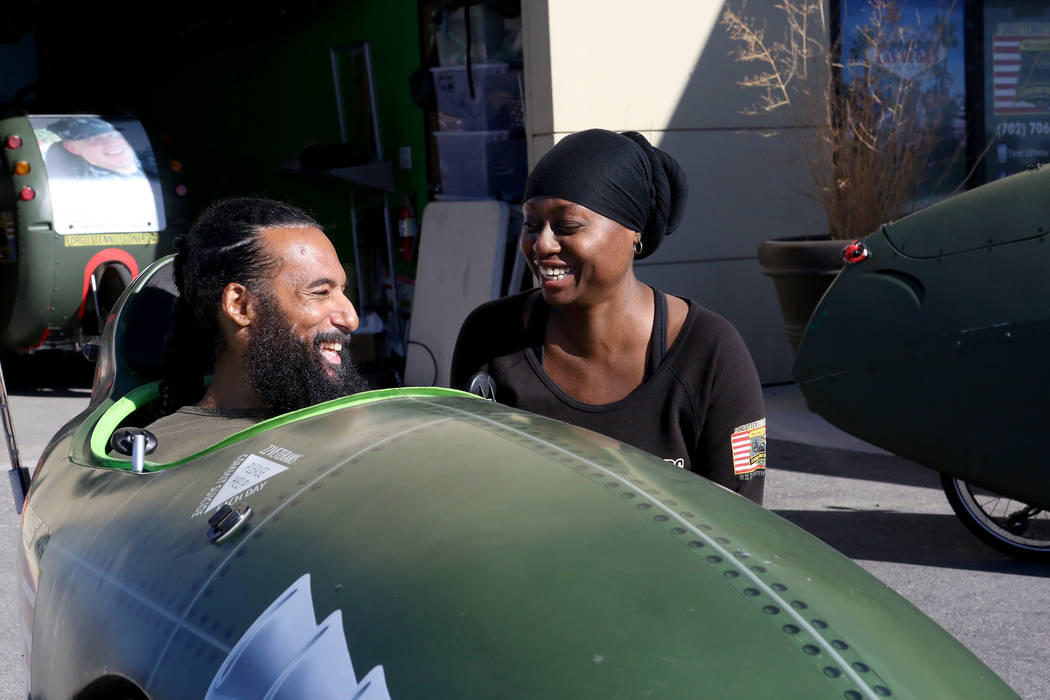 Veteran married couple Peter, left, and Kelley Guidry outside their Las Vegas living/office space on Wednesday, Dec. 5, 2017, where they operate Forgotten Not Gone, a nonprofit organization that a ...