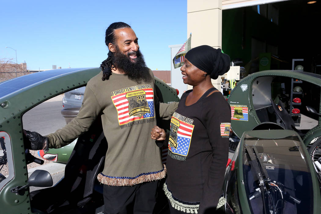 Veteran married couple Peter, left, and Kelley Guidry outside their Las Vegas living/office space on Wednesday, Dec. 5, 2017, where they operate Forgotten Not Gone, a nonprofit organization that a ...