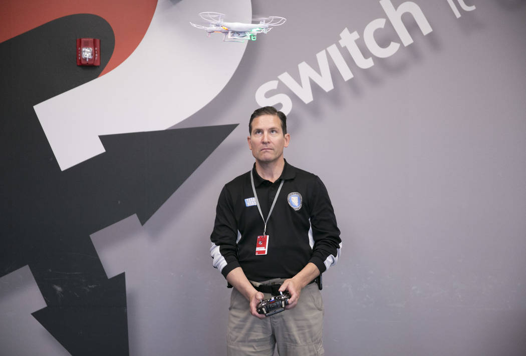Chris Walach, Director of the FAA-designated Nevada UAS Test Site & Senior Director for The Nevada Institute for Autonomous Systems (NIAS), flies a drone during a drone class at the The Inneva ...