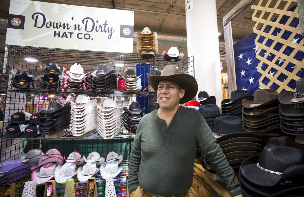 Down n Dirty Hat Company owner Bart Godinez, who goes by Biskit, at his Stetson Country Christmas Expo booth at the Sands Expo, on Thursday, Dec. 7, 2017. Biskit had a vendor booth set up at the R ...
