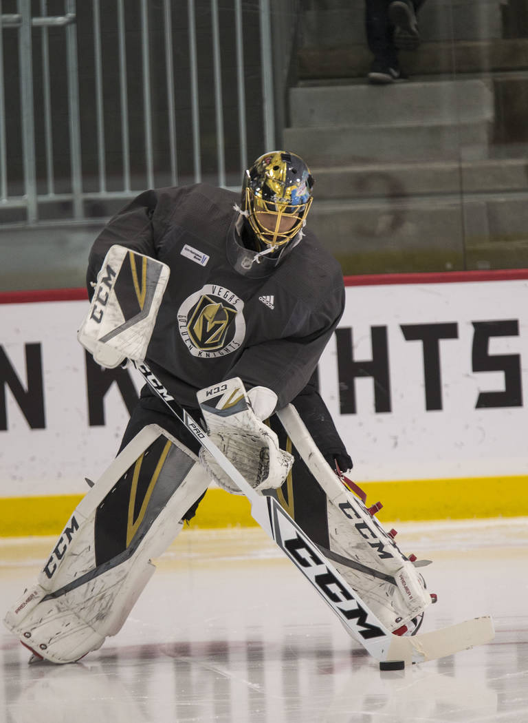 Vegas Golden Knights goalie Marc-Andre Fleury controls the puck during the NHL team's practice at the City National Arena in Las Vegas, Wednesday, Dec. 6, 2017. Richard Brian Las Vegas Review-Jour ...