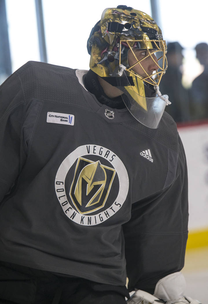 Vegas Golden Knights goalie Marc-Andre Fleury on the ice during the NHL team's practice at the City National Arena in Las Vegas, Wednesday, Dec. 6, 2017. Richard Brian Las Vegas Review-Journal @ve ...