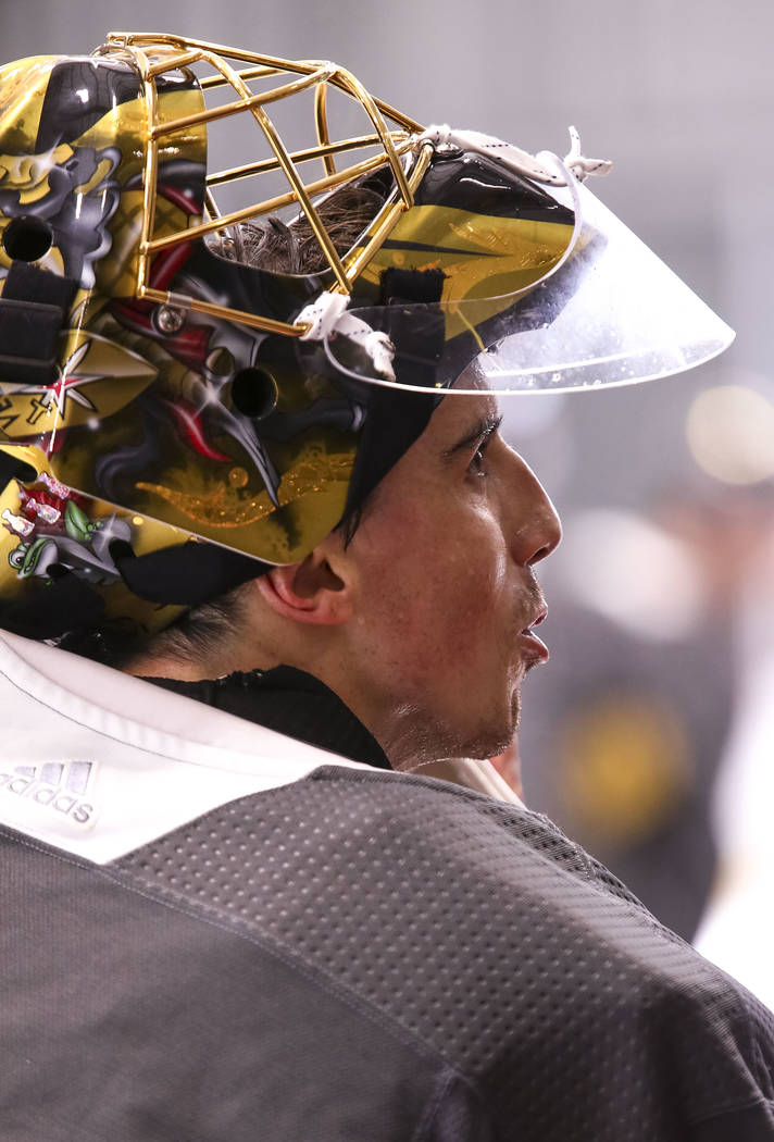 Vegas Golden Knights goalie Marc-Andre Fleury (29) on the ice during the NHL team's practice at the City National Arena in Las Vegas, Wednesday, Dec. 6, 2017. Richard Brian Las Vegas Review-Journa ...
