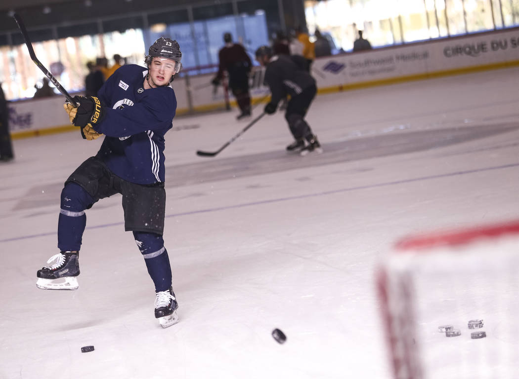 Vegas Golden Knights left wing Brendan Leipsic (13) takes a slap shot during the NHL team's practice at the City National Arena in Las Vegas, Wednesday, Dec. 6, 2017. Richard Brian Las Vegas Revie ...