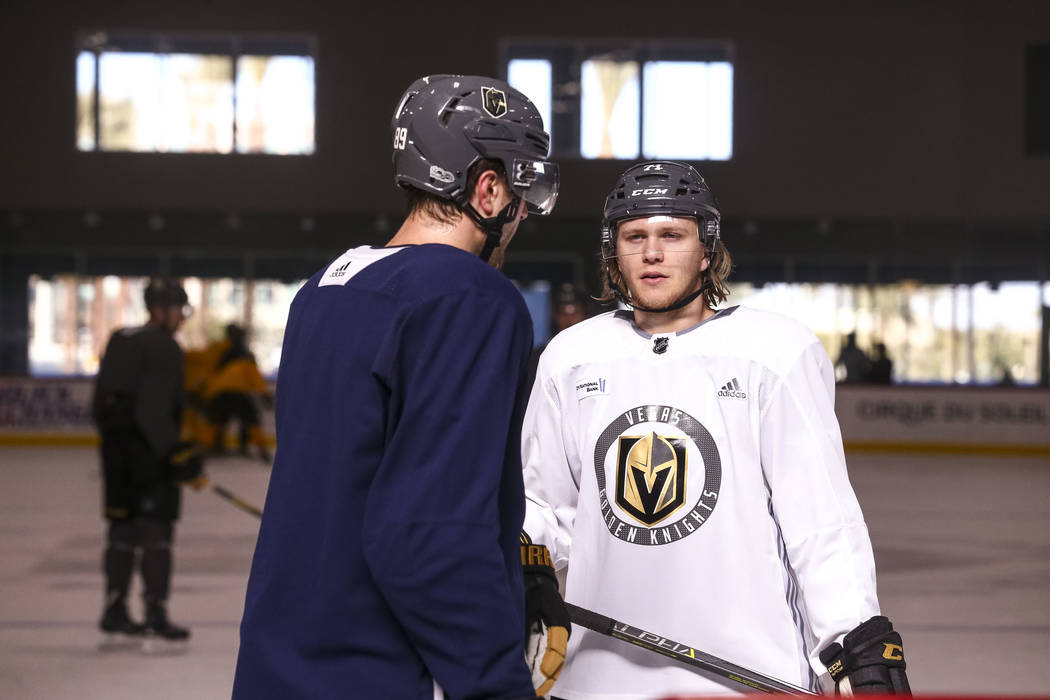 Vegas Golden Knights right wing Alex Tuch (89) and center William Karlsson (71) on the ice during the NHL team's practice at the City National Arena in Las Vegas, Wednesday, Dec. 6, 2017. Richard  ...