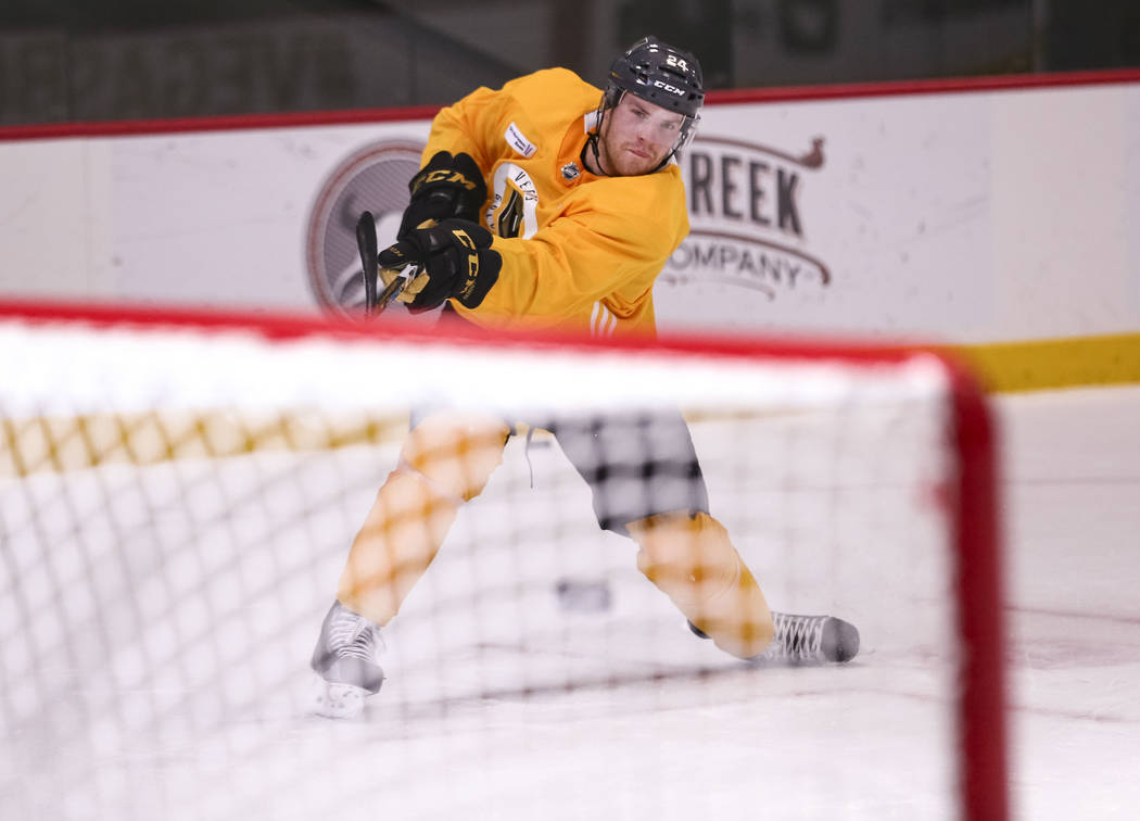 Vegas Golden Knights center Oscar Lindberg (24) takes a shot during the NHL team's practice at the City National Arena in Las Vegas, Wednesday, Dec. 6, 2017. Richard Brian Las Vegas Review-Journal ...