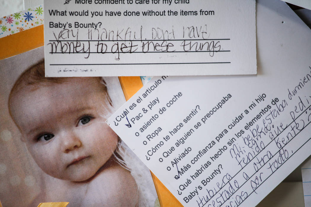 Letters from mothers are pinned on a board at Baby's Bounty in North Las Vegas, Thursday, Dec. 7, 2017. The organization, founded in 2008 with a mission to provide essentials to babies born into d ...