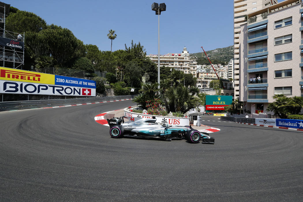 Mercedes driver Lewis Hamilton of Britain steers his car during the free practice for the Formula One Grand Prix at the Monaco racetrack in Monaco, Saturday, May 27, 2017. The Formula one race wil ...