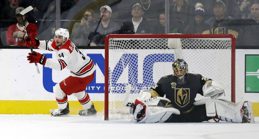 Carolina Hurricanes left wing Phil Di Giuseppe reacts after scoring on Vegas Golden Knights goalie Marc-Andre Fleury during a shootout to win an NHL hockey game 3-2 Tuesday, Dec. 12, 2017, in Las ...