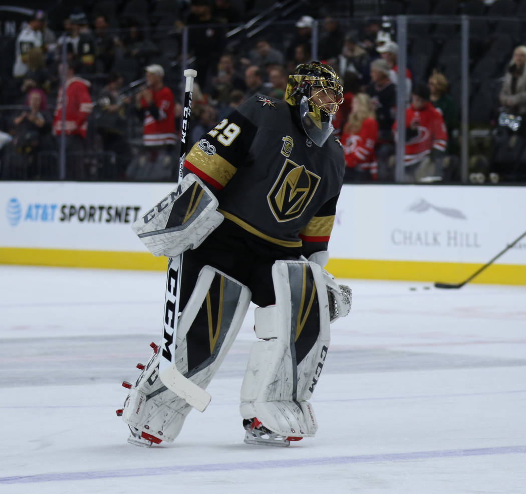 Vegas Golden Knights goalie Marc-Andre Fleury (29) warms up before facing the Carolina Hurricanes in Las Vegas, Tuesday, Dec. 12, 2017. Heidi Fang Las Vegas Review-Journal @HeidiFang