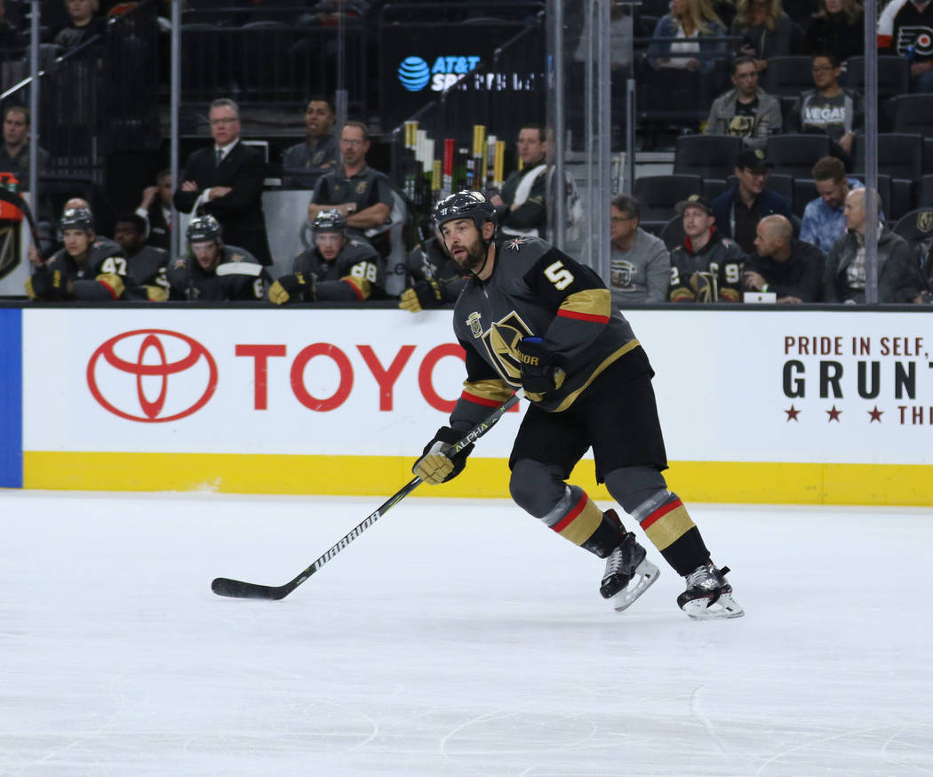 Vegas Golden Knights defenseman Deryk Engelland (5) skates towards the action during the first period of a NHL game against the Carolina Hurricanes in Las Vegas, Tuesday, Dec. 12, 2017. Heidi Fang ...