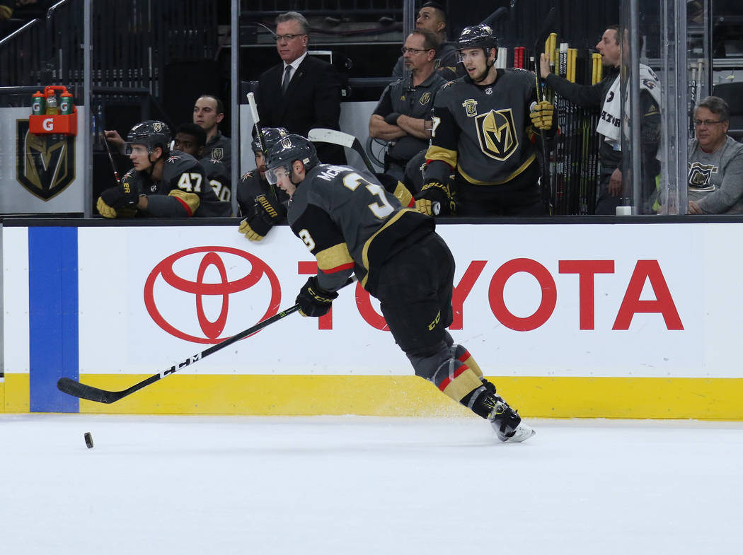 Vegas Golden Knights defenseman Brayden McNabb (3) skates with the puck during the first period of a NHL game against the Carolina Hurricanesin Las Vegas, Tuesday, Dec. 12, 2017. Heidi Fang Las Ve ...