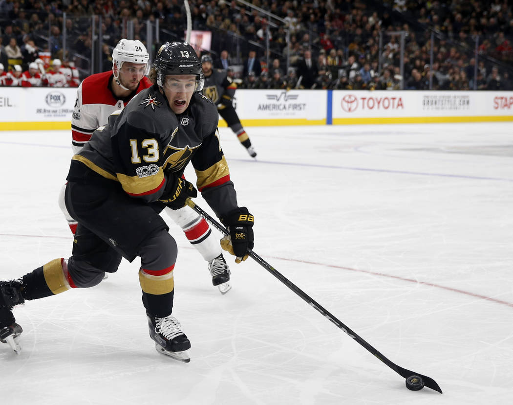 Vegas Golden Knights left wing Brendan Leipsic takes control of the puck during the third period of an NHL hockey game against the Carolina Hurricanes, Tuesday, Dec. 12, 2017, in Las Vegas. (AP Ph ...