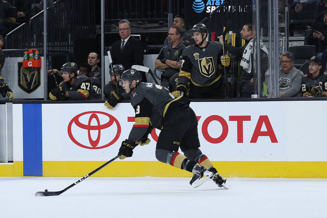 Vegas Golden Knights defenseman Brayden McNabb (3) skates with the puck during the first period of a NHL game against the Carolina Hurricanesin Las Vegas, Tuesday, Dec. 12, 2017. Heidi Fang Las Ve ...