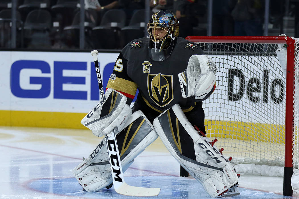 Vegas Golden Knights goalie Marc-Andre Fleury (29) goes through drills before a NHL game against the Carolina Hurricanes in Las Vegas, Tuesday, Dec. 12, 2017. Heidi Fang Las Vegas Review-Journal @ ...