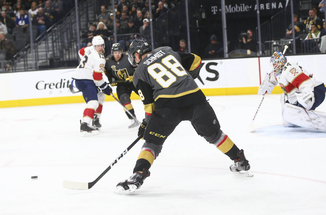 Golden Knights' Nate Schmidt (88) prepares to score against the Florida Panthers during an NHL hockey game at T-Mobile Arena in Las Vegas on Sunday, Dec. 17, 2017. Chase Stevens Las Vegas Review-J ...