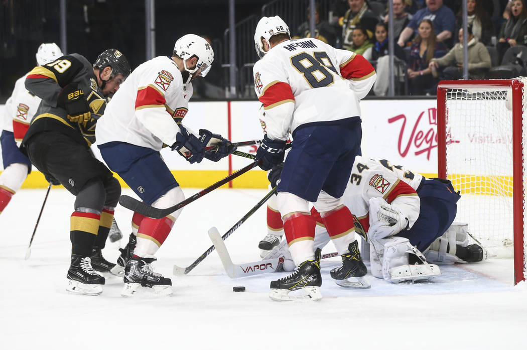 Golden Knights' Reilly Smith (19) tries to score against the Florida Panthers during an NHL hockey game at T-Mobile Arena in Las Vegas on Sunday, Dec. 17, 2017. Chase Stevens Las Vegas Review-Jour ...