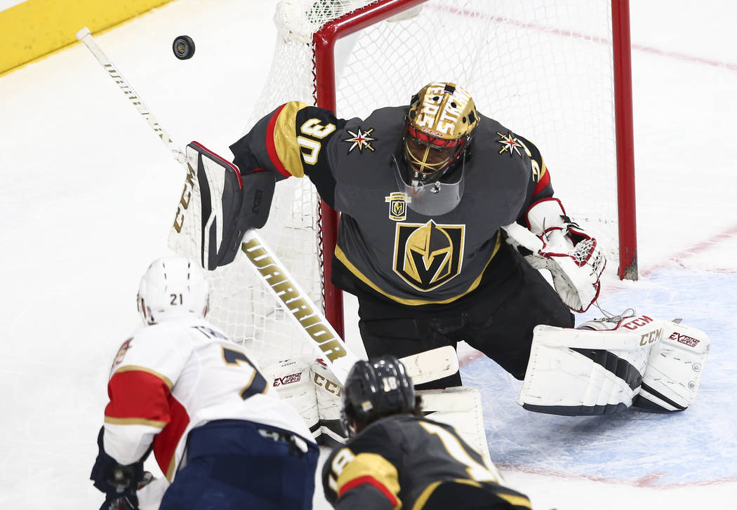Golden Knights goalie Malcolm Subban (30) defends against the Florida Panthers during an NHL hockey game at T-Mobile Arena in Las Vegas on Sunday, Dec. 17, 2017. Chase Stevens Las Vegas Review-Jou ...