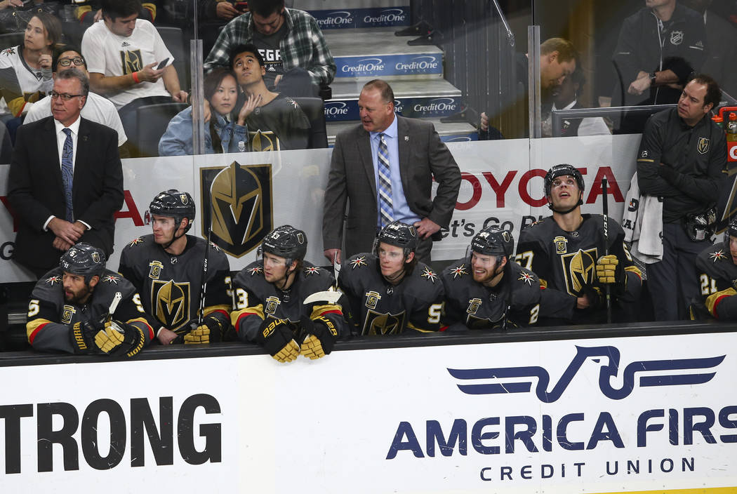 Golden Knights head coach Gerard Gallant on the bench as his team takes on the Florida Panthers during an NHL hockey game at T-Mobile Arena in Las Vegas on Sunday, Dec. 17, 2017. Chase Stevens Las ...